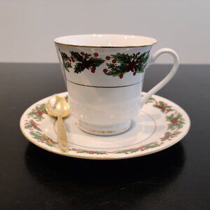 Truly Tasteful Fine China - Christmas Cup & Saucer Set with Gold Spoon